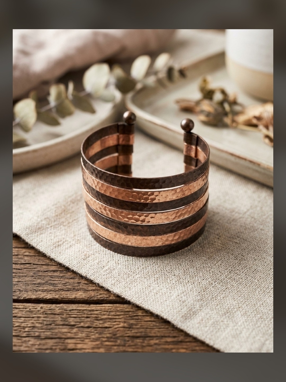 Hammered Copper and Bronze Wide Cuff Bracelet - Women Jewelry EUC